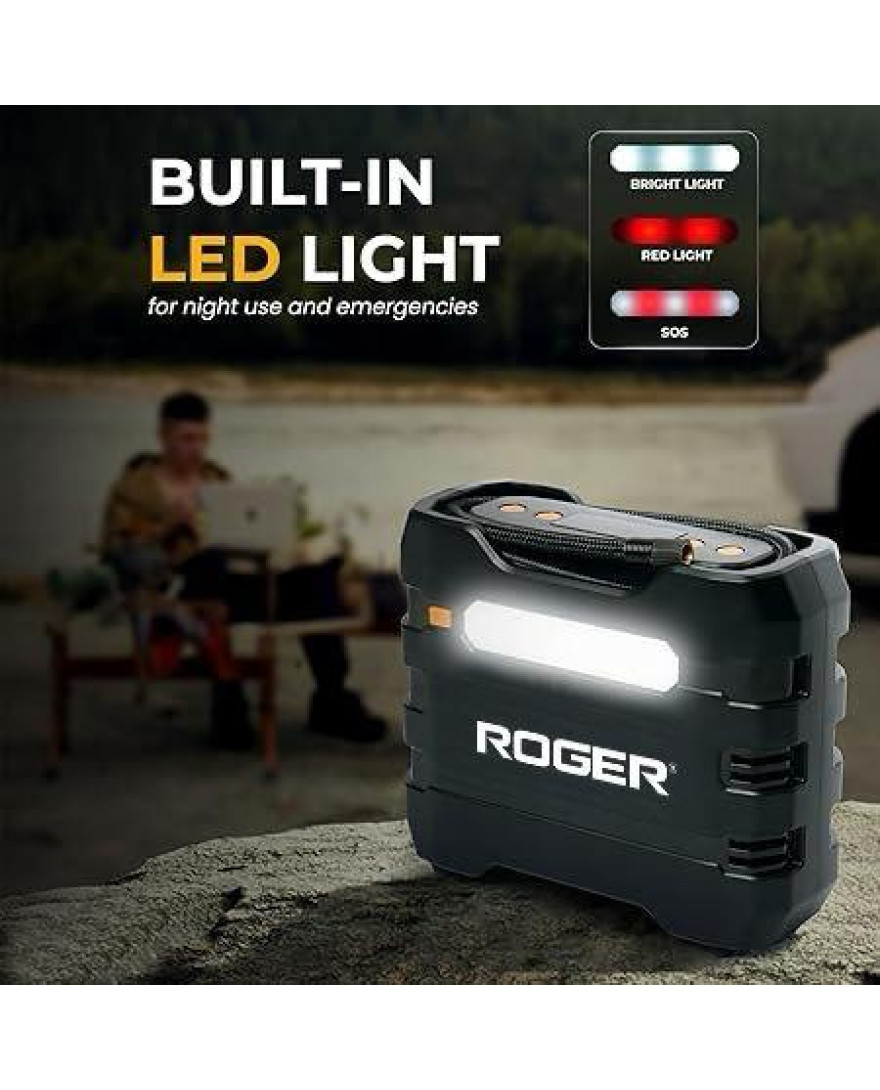 Roger Portable 12V DC Air Compressor Pump with Digital Gauge, Auto Shut-Off & LED Light | Tyre Inflator | OB 285